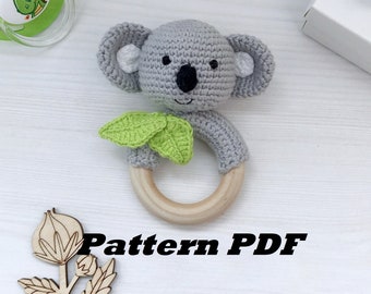 Patrón sonajero crochet PDF, juguete mordedor Koala, patrón koala Amigurumi, patrón crochet osito, peluche koala, regalo hecho a mano para bebé