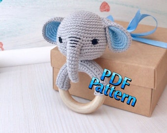 Patrón de elefante de ganchillo PDF Elefante sonajero Juguetes orgánicos para bebés Anillo mordedor Amigurumi elefante gris Patrón de animales africanos Regalo para recién nacido