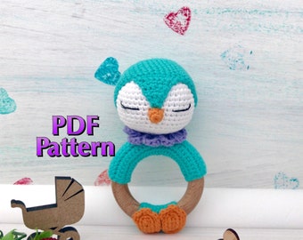 Patrón de pingüino de ganchillo PDF Pájaro sonajero Juguetes orgánicos para bebés Mordedor anillo de madera Patrón Amigurumi Regalo para recién nacido Regalo de baby shower