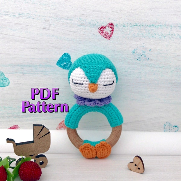 Crochet penguin pattern PDF Rattle bird Organic baby toys Teether wooden ring Amigurumi pattern Gift for newborn Baby shower gift