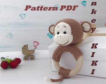 Patrón de mono de crochet PDF, Mono sonajero, Juguetes orgánicos para bebés, Anillo mordedor, Mono amigurumi, patrones de animales de crochet, regalo para recién nacido