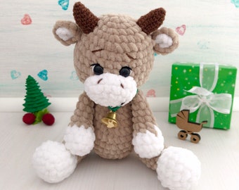 Crochet brown cow Stuffed plush bull Nursery decor Farm animal Baby shower gift Soft bull  Personalize toy Amigurumi cow