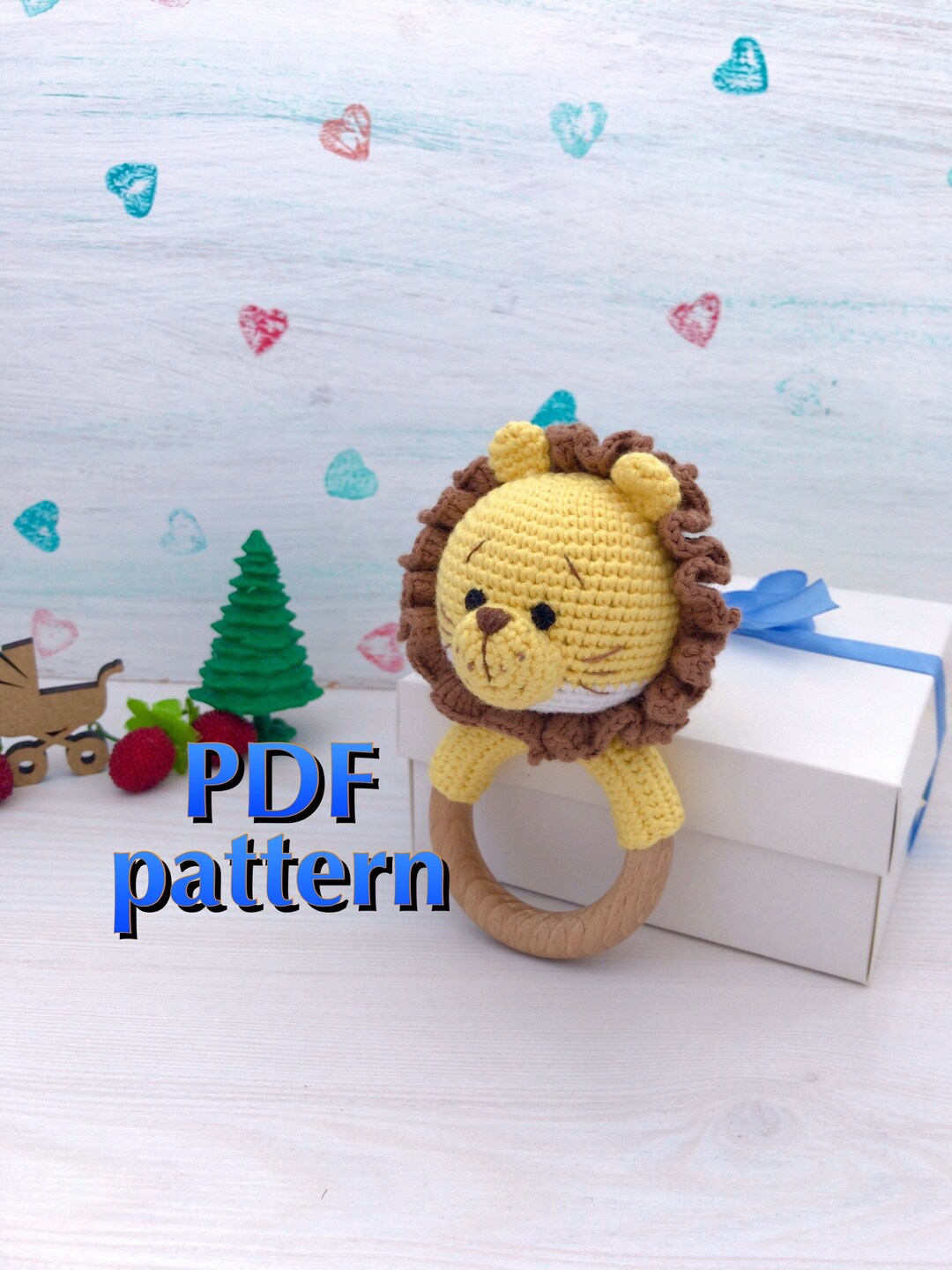 Crochet Lion Pattern PDF Wood Rattle Organic Baby Toys Teether Wooden ...