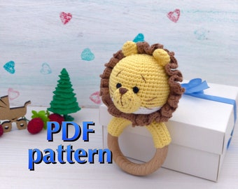 Patrón de león de ganchillo PDF Sonajero de madera Juguetes orgánicos para bebés Mordedor anillo de madera Safari animal Fácil crochet León Baby shower Regalo para recién nacido