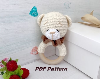 Patrón de osito de crochet en PDF, osito sonajero, mordedor, osito amigurumi, patrones de animales a crochet, osito de peluche, regalo para recién nacido