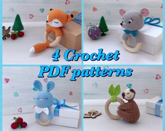 Paquete PDF patrón de ganchillo, 4 en 1, Zorro sonajero, conejito, ratón, perezoso, juguete mordedor, juguetes orgánicos para bebés, animales de ganchillo, regalo para recién nacido
