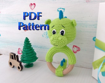Patrón de dinosaurio de ganchillo PDF Sonajero cortador de dientes Juguete de dinosaurio orgánico Mordedor anillo de madera Lindo patrón de dragón Regalo para recién nacido Regalo de baby shower