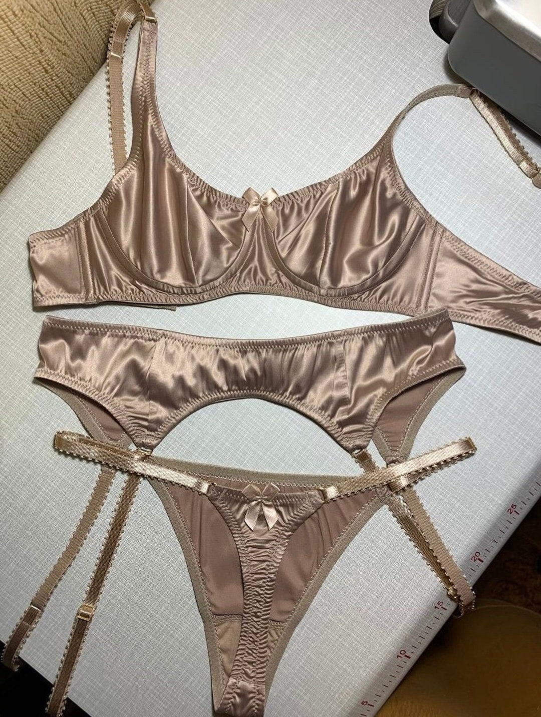 Satin 3-piece Lingerie Set Custom Nude Lingerie Set With Belt Sissy Bra