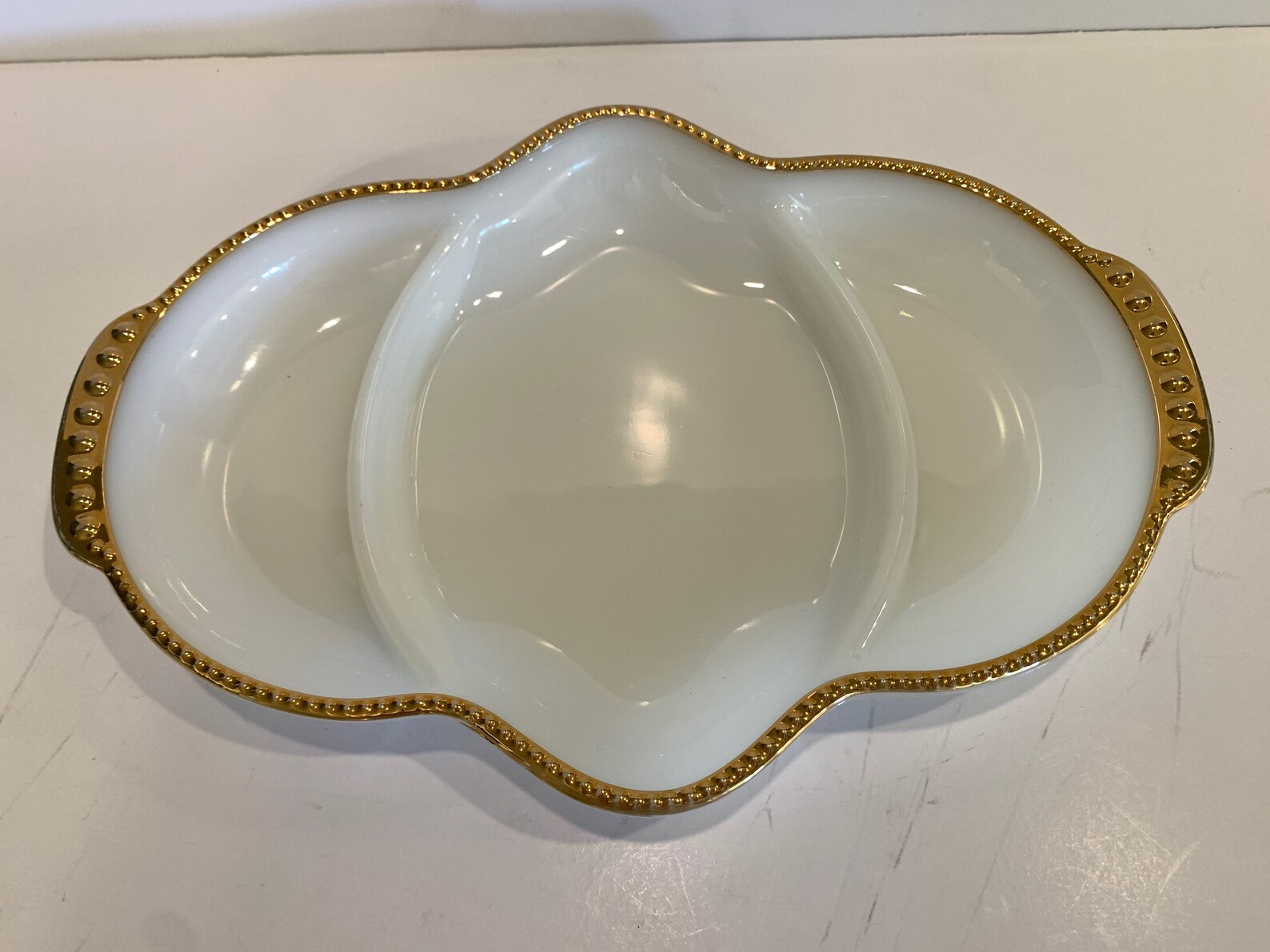 Vintage Fire King Oven Ware Milk Glass Divided Dish Gold Trim Etsy