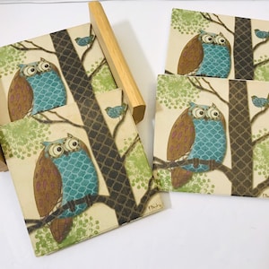 Owl Coasters Wooden Holder Ceramic Whimsical!