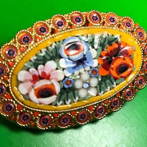 Italian Pin Brooch Mosiac Flower Design Art Piece Seeded Vintage