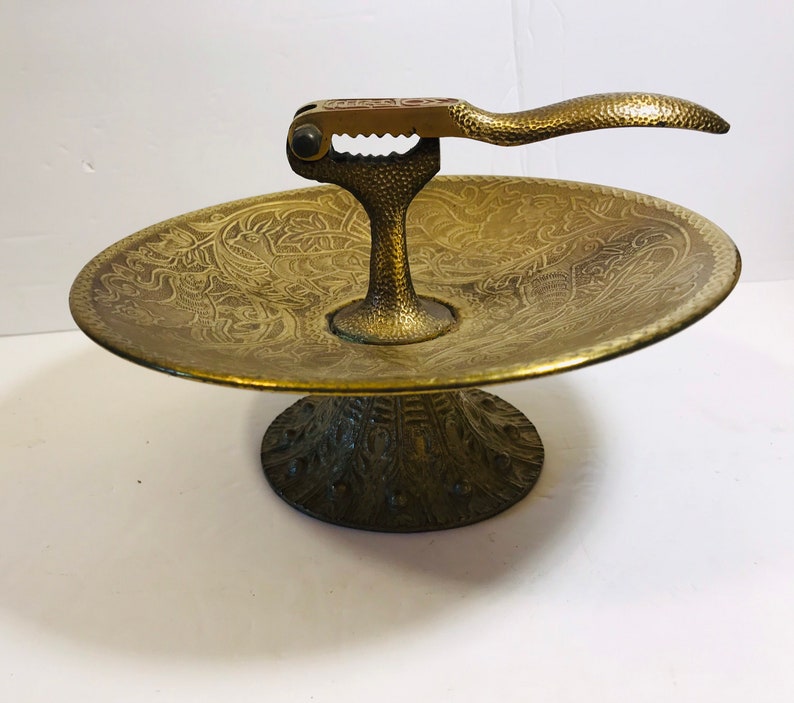 Nut Bowl Tamar Vintage Brass Nut Cracker Dish Pedestal Shalom Made in Israel