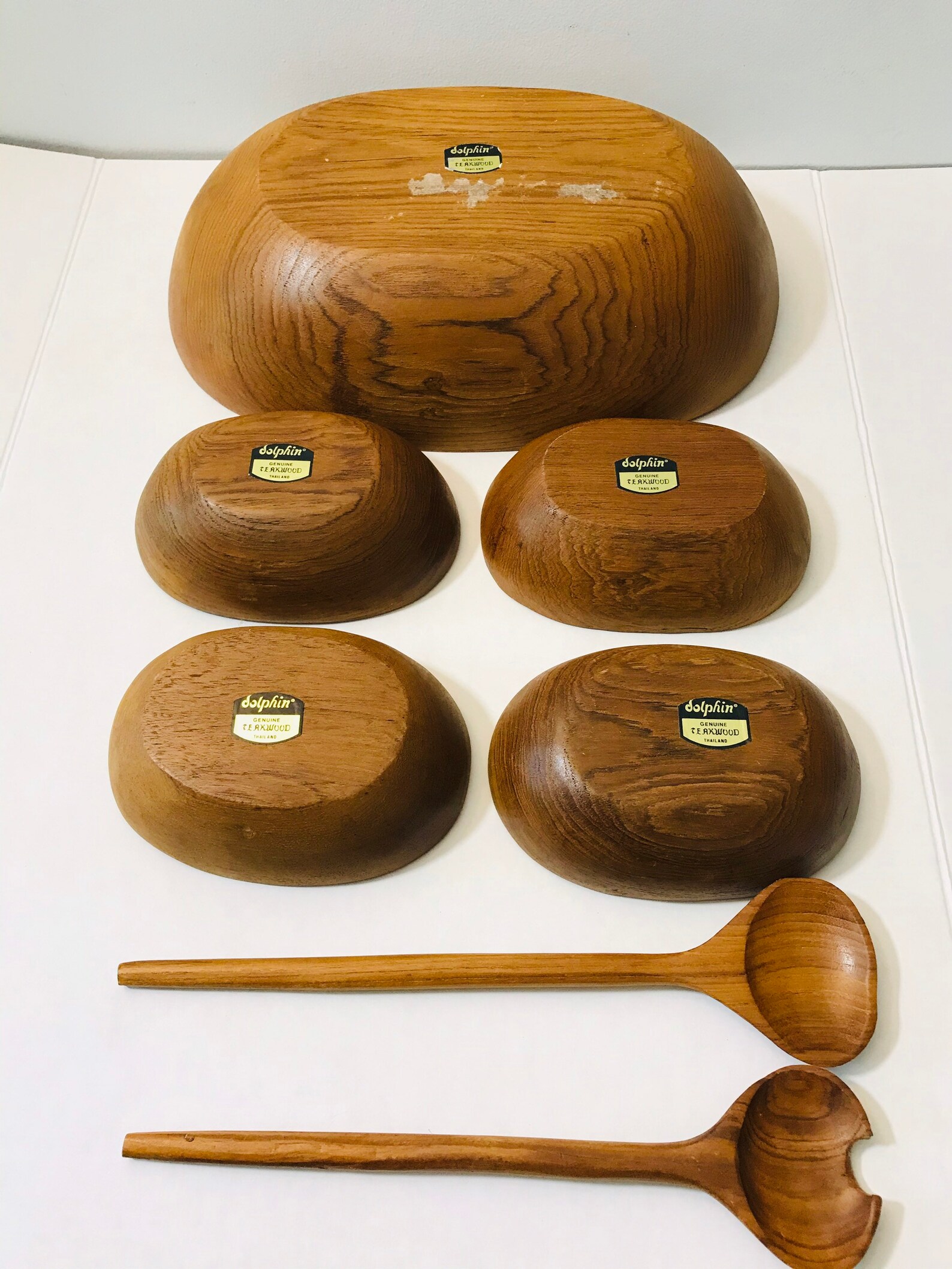Teakwood Vintage Dolphin Salad Bowl Set Oval Unique Rare Set Etsy