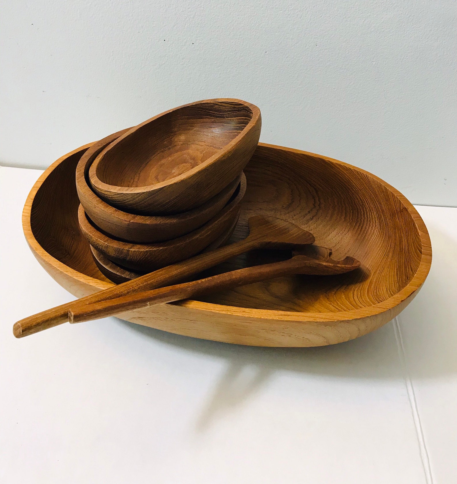 Teakwood Vintage Dolphin Salad Bowl Set Oval Unique Rare Set Etsy