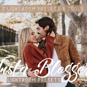 May include: A couple in love, embracing in a park setting with fall foliage. The text "Insta Blogger Lightroom Presets" is displayed in white cursive font.