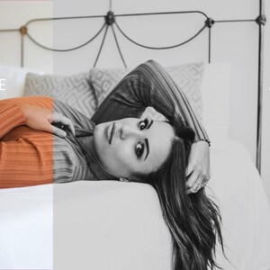 May include: A woman with long dark hair lies on a white bed with a patterned pillow. She is wearing a brown sweater and has her hand in her hair. The image is split in half, with the left side in color and the right side in black and white. The words "BEFORE" and "AFTER" are written on the image.