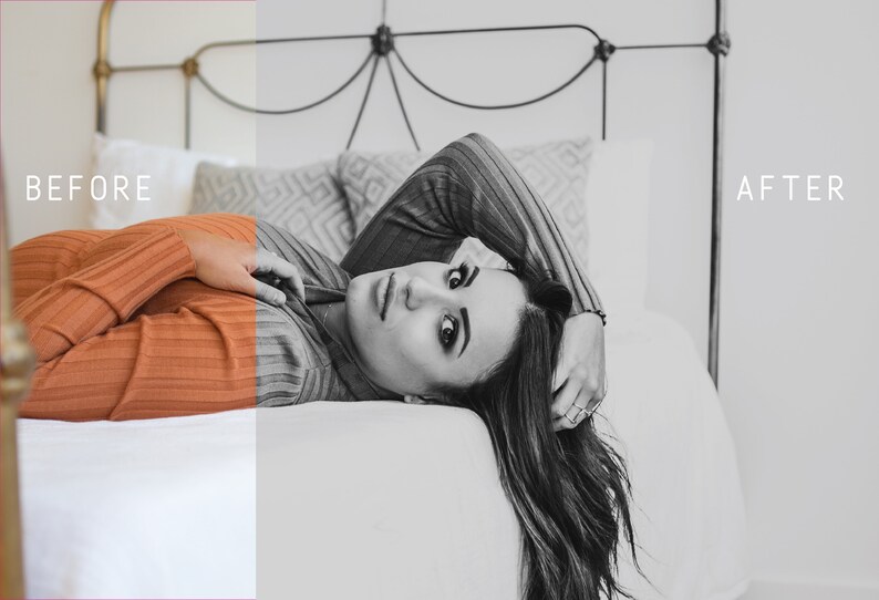 May include: A woman with long dark hair lies on a white bed with a patterned pillow. She is wearing a brown sweater and has her hand in her hair. The image is split in half, with the left side in color and the right side in black and white. The words "BEFORE" and "AFTER" are written on the image.