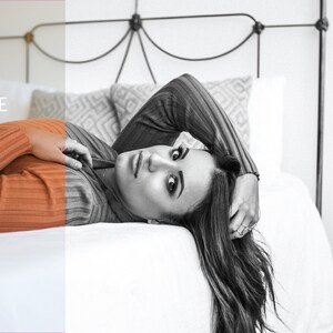 May include: A woman with long dark hair lies on a white bed with a white pillow and a patterned pillow behind her. She is wearing a rust-colored sweater and has her hand in her hair. The image is split in half, with the left side in color and the right side in black and white. The words "BEFORE" and "AFTER" are written in the top corners of the image.