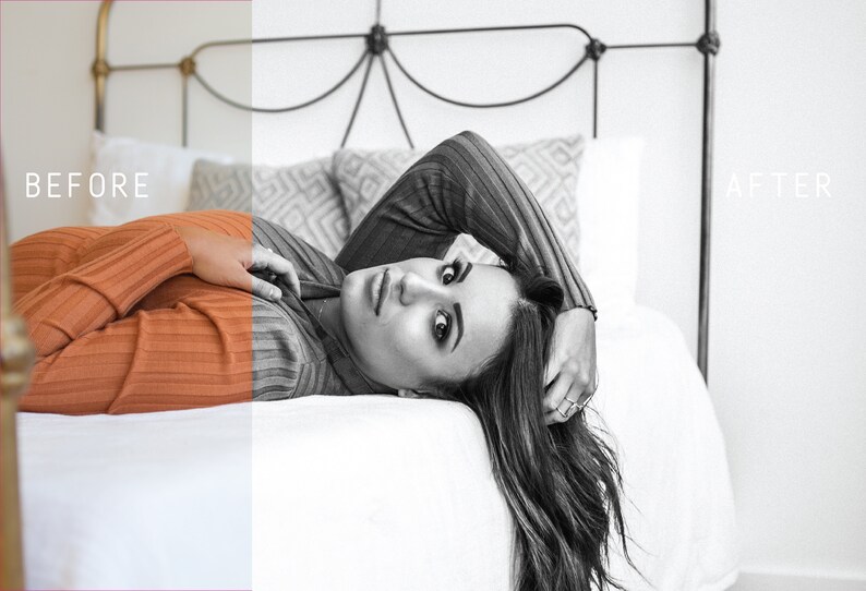 May include: A woman with long dark hair lies on a white bed with a white pillow and a patterned pillow behind her. She is wearing a rust-colored sweater and has her hand in her hair. The image is split in half, with the left side in color and the right side in black and white. The words "BEFORE" and "AFTER" are written in the top corners of the image.