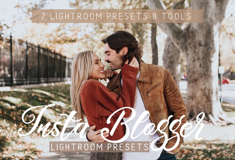 May include: A couple in love, embracing in a park setting with fall foliage. The text "Insta Blogger Lightroom Presets" is displayed in white cursive font.