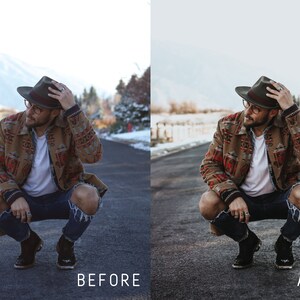 May include: A person wearing a brown and red patterned jacket, a white t-shirt, blue jeans, and a brown hat with a brown band. The person is sitting on a paved road with snow on the sides.