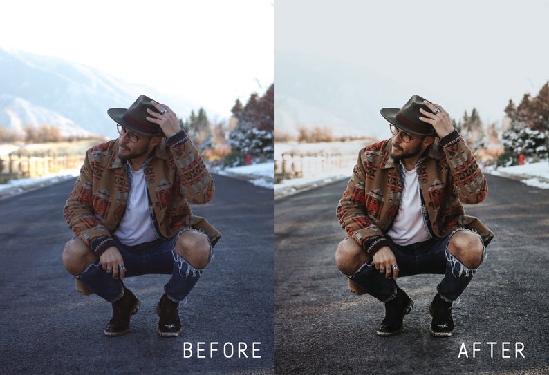 May include: A person wearing a brown and red patterned jacket, a white t-shirt, blue jeans, and a brown hat with a brown band. The person is sitting on a paved road with snow on the sides.