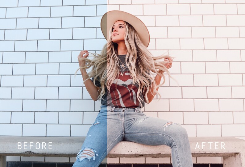 May include: A woman wearing a gray t-shirt with a red and white graphic, blue jeans, and a brown hat sits on a concrete bench in front of a white tiled wall. The image is split in half, with the left side showing the original image and the right side showing the image after editing.