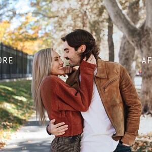 May include: A couple in a park, the woman is wearing a red sweater and the man is wearing a brown leather jacket. They are looking at each other and smiling.