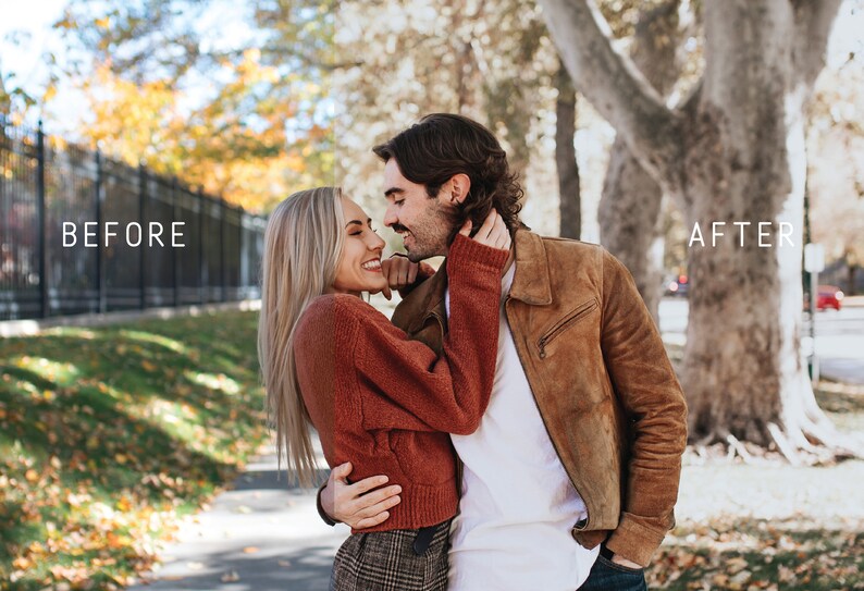 May include: A couple in a park, the woman is wearing a red sweater and the man is wearing a brown leather jacket. They are looking at each other and smiling.