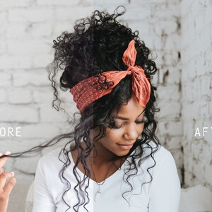 May include: A woman with curly black hair wearing a red bandana tied around her head. The text "BEFORE" is on the left side of the image and "AFTER" is on the right side of the image.