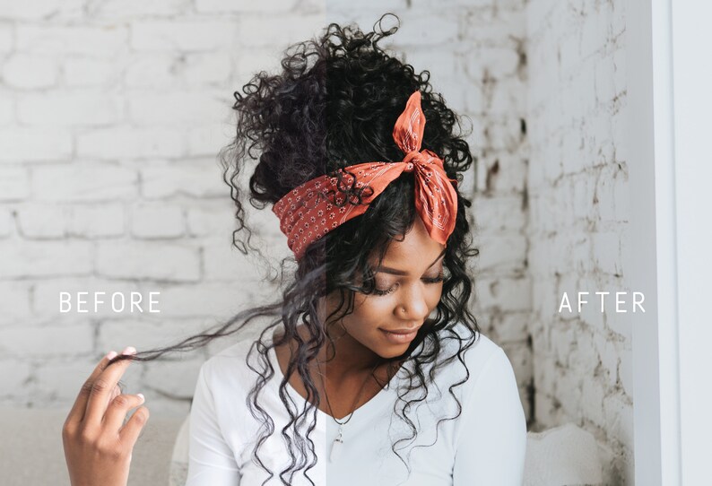 May include: A woman with curly black hair wearing a red bandana tied around her head. The text "BEFORE" is on the left side of the image and "AFTER" is on the right side of the image.