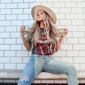 May include: A woman wearing a brown hat, a grey t-shirt with a red tongue graphic, and blue jeans sits on a concrete bench in front of a white tiled wall. The text "BEFORE" is on the left side of the image and "AFTER" is on the right side of the image.