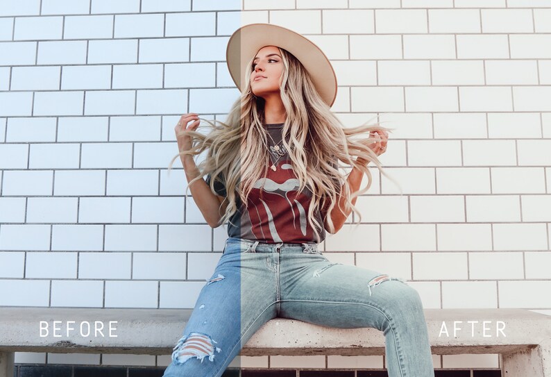 May include: A woman wearing a brown hat, a grey t-shirt with a red tongue graphic, and blue jeans sits on a concrete bench in front of a white tiled wall. The text "BEFORE" is on the left side of the image and "AFTER" is on the right side of the image.