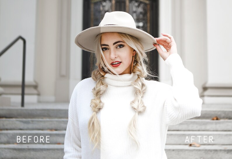 May include: A woman wearing a white sweater and a white hat with a wide brim. Her hair is blonde and styled in two braids. She is standing in front of a white building with a gray staircase.