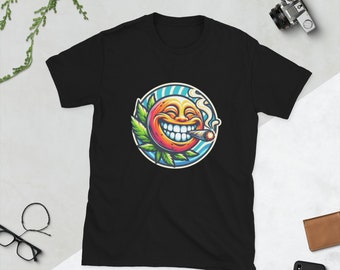 May include: Black t-shirt featuring a cartoon smiley face wearing a hat and smoking a joint. The smiley face is surrounded by green leaves and a blue and white circle.