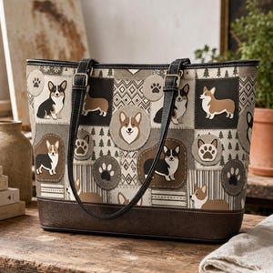 Corgi Shoulder Bag Pu Leather Dog Tote Brown Patchwork Purse Animal Pattern Puppy Design Vegan Handbag Adjustable Strap Hobo Carryall Canine
