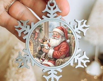 Vintage Tricolor Corgi and Santa Claus Pewter Snowflake Ornament