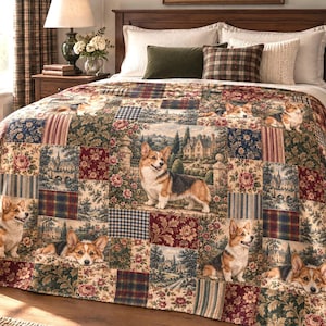 May include: A patchwork quilt featuring a repeating pattern of Corgi dogs, floral motifs, plaid squares, and landscape scenes. The design incorporates various shades of red, blue, green, and cream, creating a detailed textile surface.