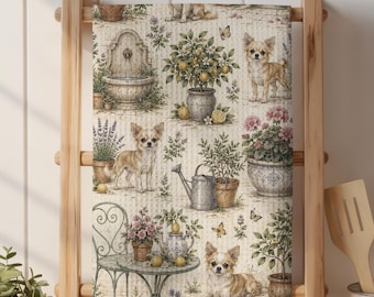 Pano de prato Chihuahua com estampa botânica de jardim de chá, microfibra de secagem rápida, ideal para jardineiros de ervas, presente perfeito para casa nova ou para donos de cachorros.