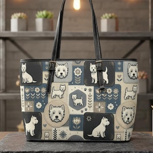Borsa tote Westie – Borsa in ecopelle con stampa West Highland Terrier – Regalo per amanti dei cani – Borsa a mano patchwork da donna
