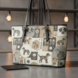 Bolso Catahoula de piel sintética con estampado de leopardo y diseño patchwork, correa para el hombro, color beige. Bolso tote con estampado de sabueso, accesorio canino, regalo ideal para amantes de las mascotas.