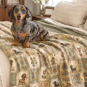 Dackeldecke – Geschenk für Dackelliebhaber – Patchwork-Samt-Plüschdecke – Erinnerungsstück für Dackelbesitzer – Würstchenwelpen-Geschenk – Erinnerungsstück für Besitzer – Gedenken an Dackel