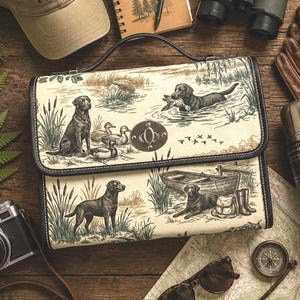 Könnte beinhalten: Eine beigefarbene Baseballkappe mit schwarzer Hunde-Stickerei, ein Field Journal Notizbuch mit Stift, ein grünes Fernglas, braune Lederhandschuhe, eine karierte Thermoskanne, eine Kamera, eine Sonnenbrille und eine Tasche mit schwarzem Hundemotiv.
