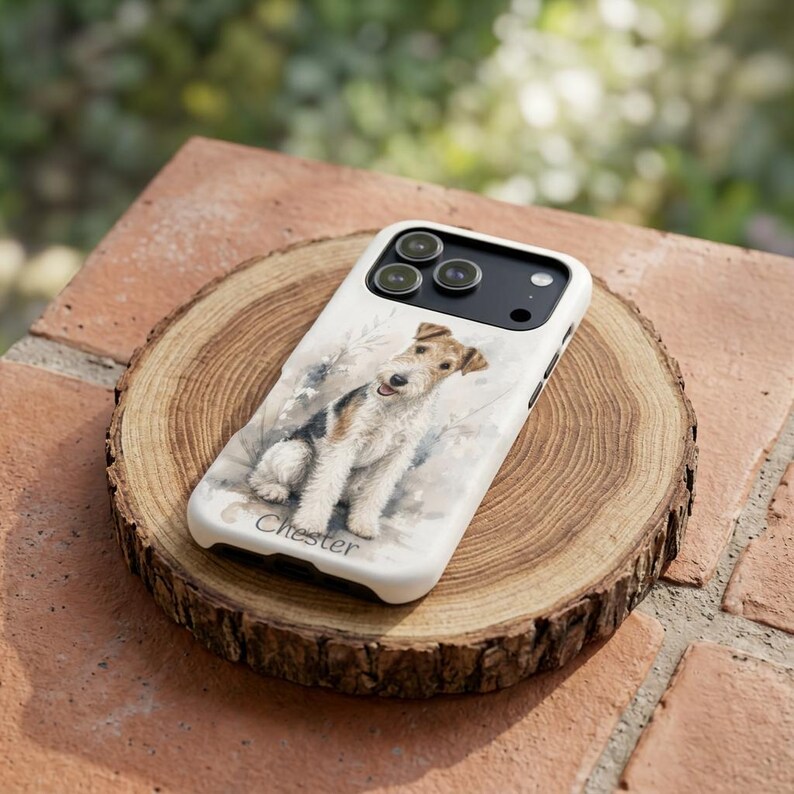 Custom Dog Portrait Phone Case Wire Fox Terrier Illustration Magnetic MagSafe Impact Resistant Protection Dual Layer Polycarbonate Shell TPU Cushioned Liner Personalized Pet Owner Gift Breed Enthusiast Accessory Watercolor Art Design