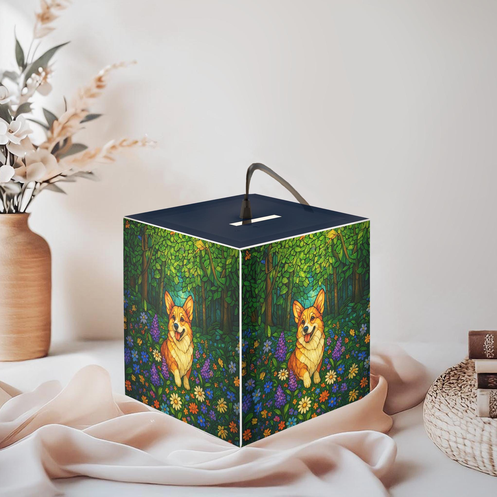 Corgi Stained Glass Light Cube Lamp: Woodland Dog Art Night Light