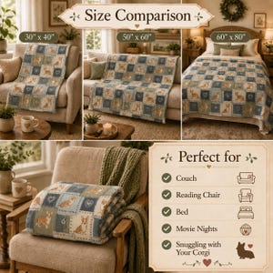 Patchwork Corgi Design Velveteen Plush Blanket Soft Throw Cozy Nursery Baby Shower Gift Woodland Animal Heart Flowers Plaid Pattern Warm Comfort Sofa Cuddle Blanket Dog Lover Pet Themed Home Medium Weight Fabric Nature Design