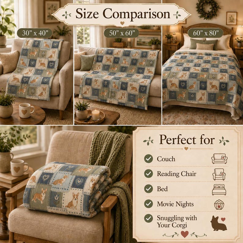 Patchwork Corgi Design Velveteen Plush Blanket Soft Throw Cozy Nursery Baby Shower Gift Woodland Animal Heart Flowers Plaid Pattern Warm Comfort Sofa Cuddle Blanket Dog Lover Pet Themed Home Medium Weight Fabric Nature Design