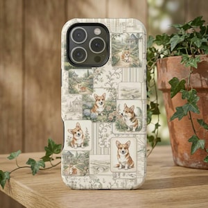 May include: A phone case featuring a collage of illustrations of Corgi dogs in a garden setting. The design includes multiple rectangular panels with cream and beige floral patterns, depicting Corgis sitting among flowers, trees, and gazebos.