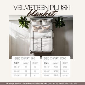 K&ouml;nnte beinhalten: Eine Gr&ouml;&szlig;entabelle f&uuml;r Velveteen Plush Decken mit drei rechteckigen Umrissen &uuml;ber einem Bett. Die Gr&ouml;&szlig;en sind 30x40, 50x60 und 60x80 Zoll. Zwei Tabellen geben die Breiten- und H&ouml;henma&szlig;e in Zoll und Zentimetern an.