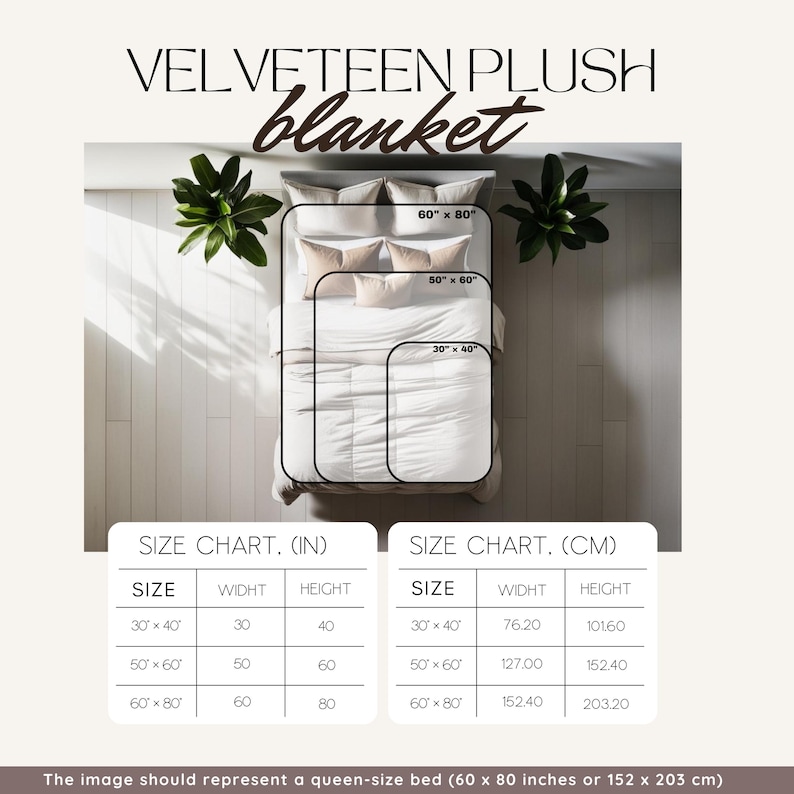 K&ouml;nnte beinhalten: Eine Gr&ouml;&szlig;entabelle f&uuml;r Velveteen Plush Decken mit drei rechteckigen Umrissen &uuml;ber einem Bett. Die Gr&ouml;&szlig;en sind 30x40, 50x60 und 60x80 Zoll. Zwei Tabellen geben die Breiten- und H&ouml;henma&szlig;e in Zoll und Zentimetern an.
